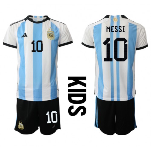 Otroški Nogometni dresi Argentina Lionel Messi #10 Domači SP 2022 Kratek Rokav (+ Kratke hlače)